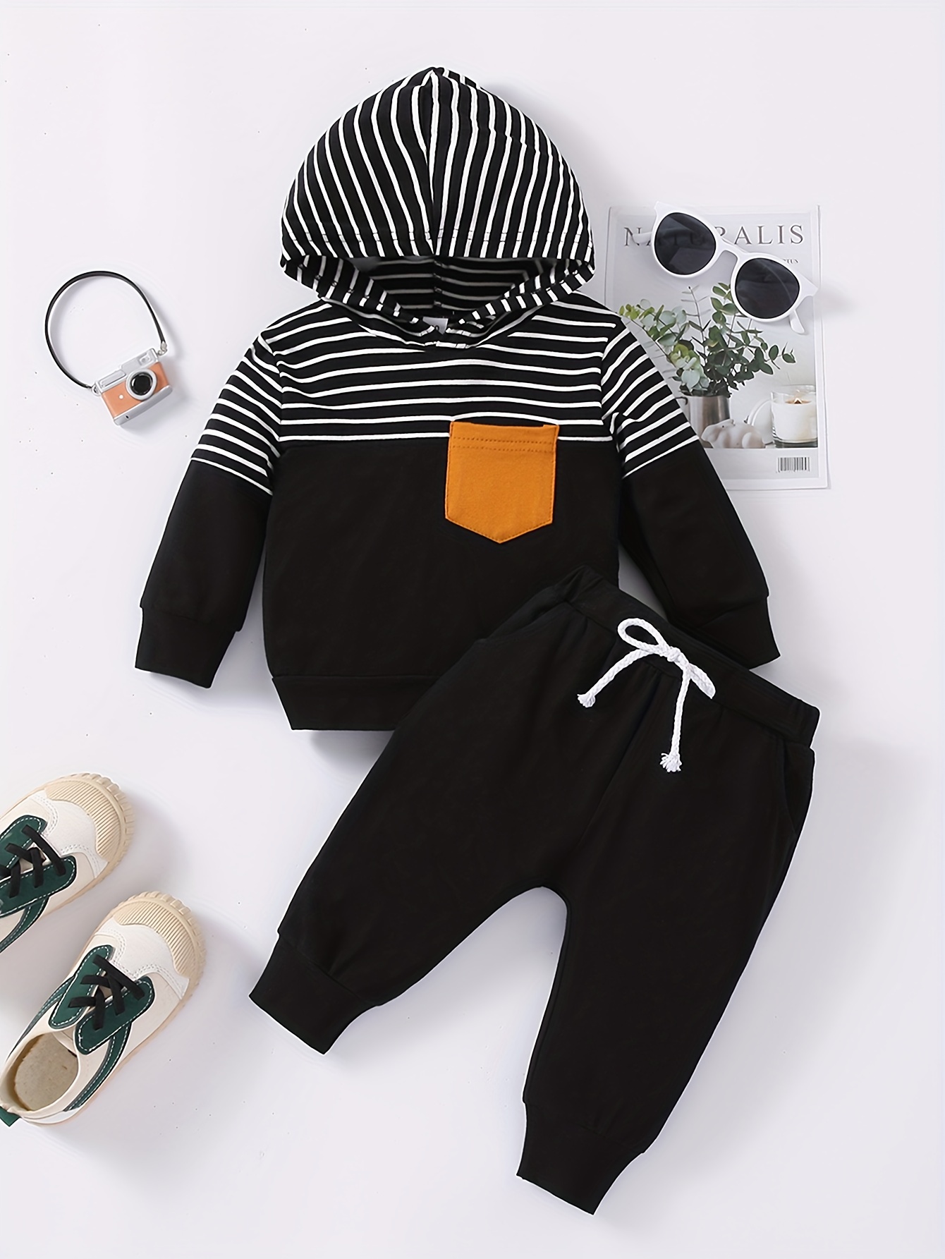 Stripe Paneled Hoodie With Pocket, Hoodies For Baby Boys, Casual Sweatshirt  Set, Long Sleeves Pullover Sweatshirt Top Trousers 2pcs Outfit