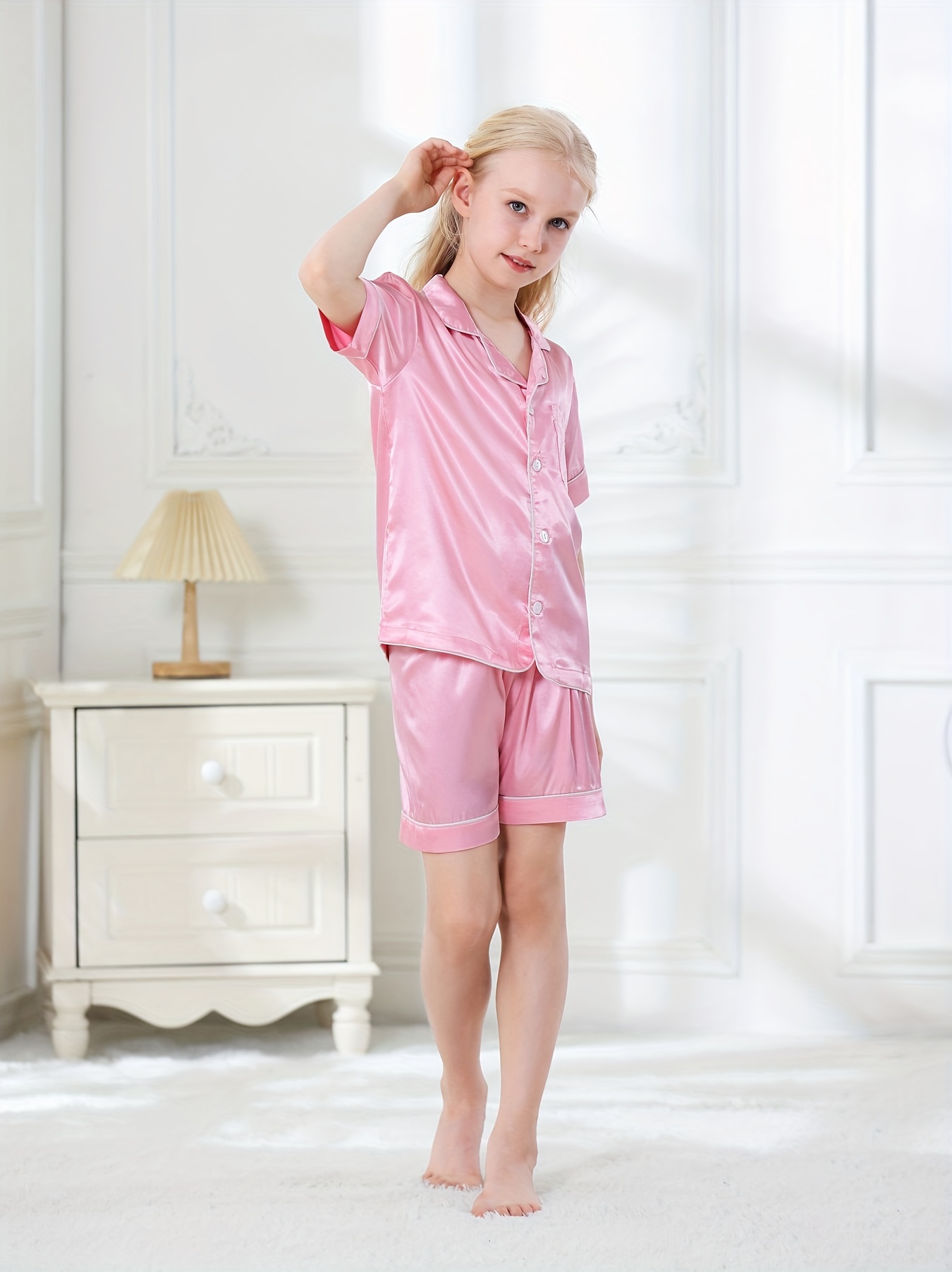 Kids Girls Boys Silk Pajamas Set Two-Piece Loungewear Short Sleeve