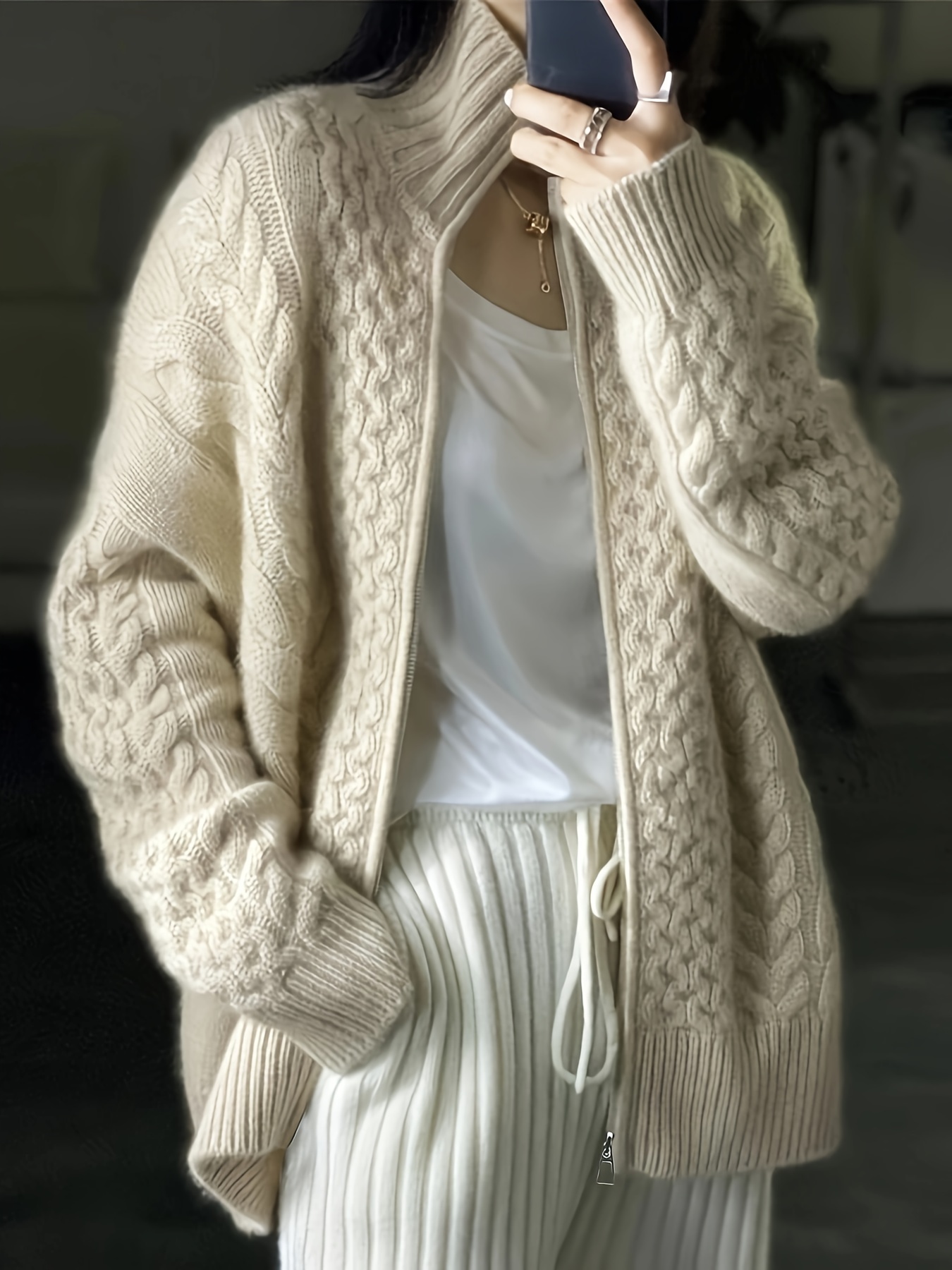 Cable-knit zip-neck sweater
