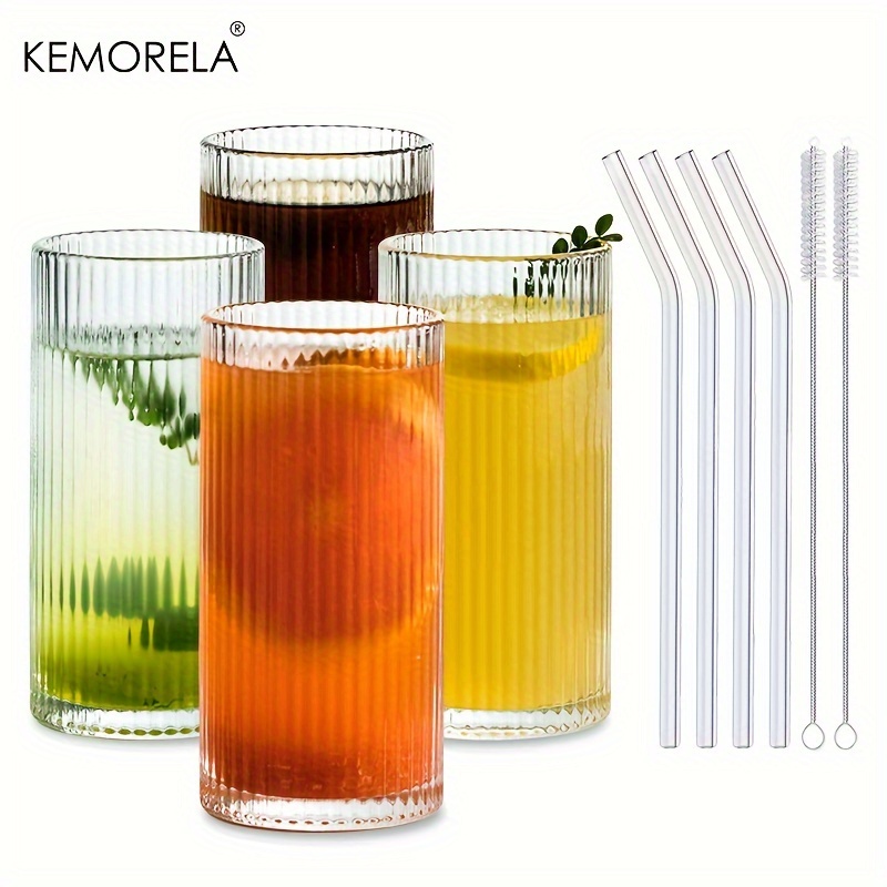 Ribbed Glassware Drinking Glasses With Straws Set Of 4, Vintage