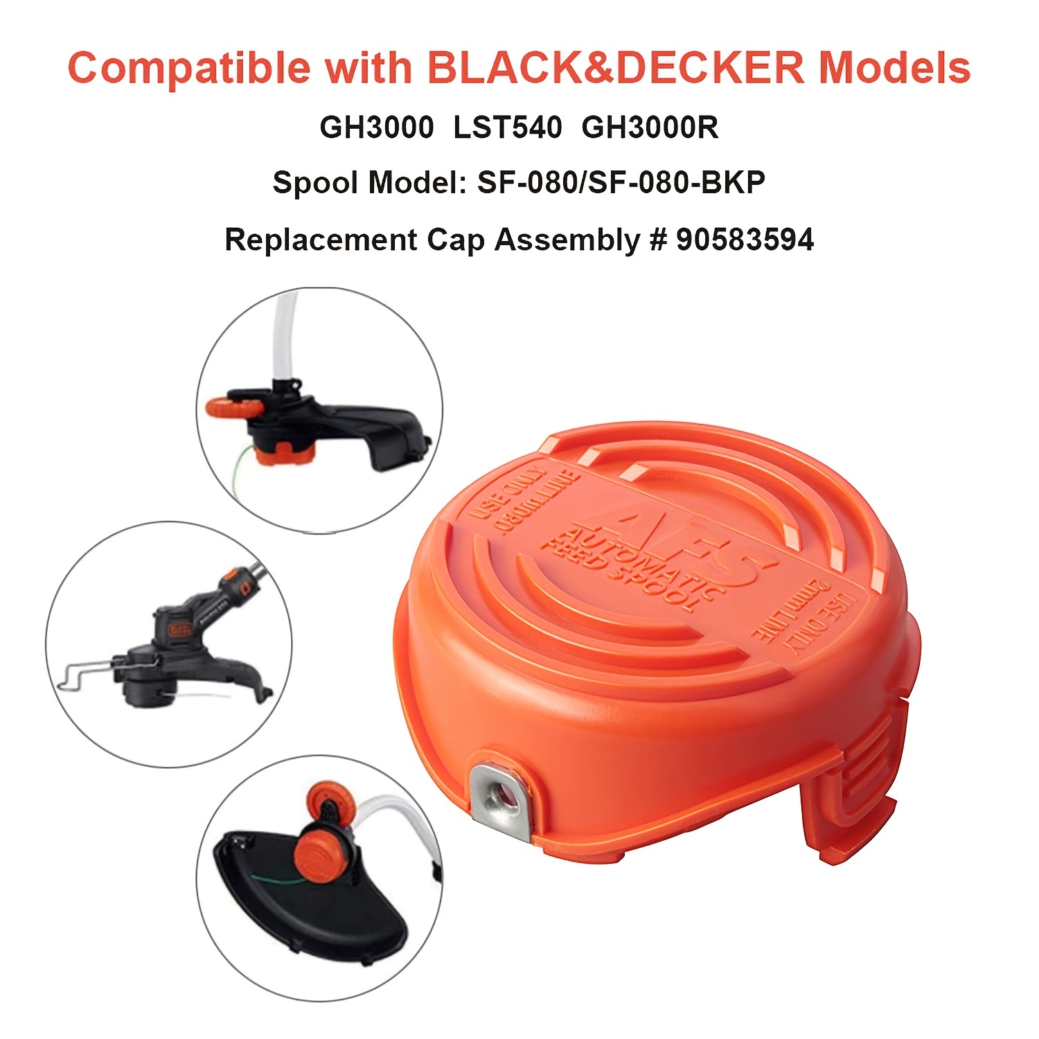 6 Replacement Spools and Cap for Black & Decker GH3000 Trimmer