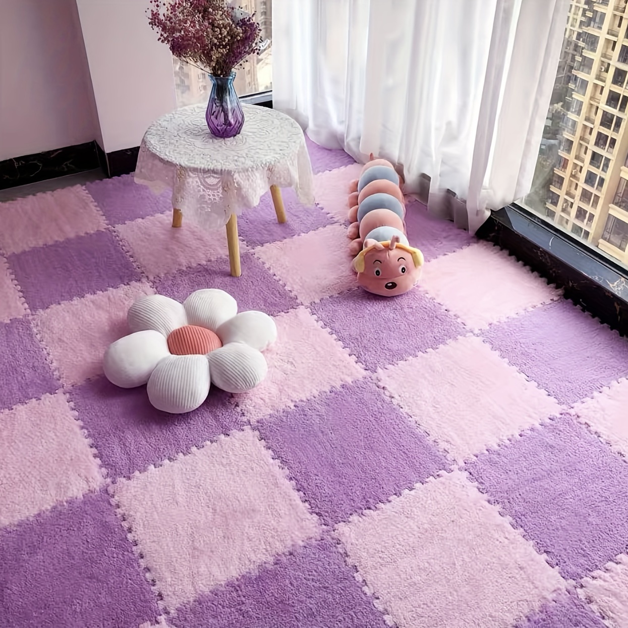 Interlocking Foam Tiles,10 Pcs Puzzle Play Mat Rug,Plush Carpet  Squares,Plush Puzzle Foam Floor,for Living Room,Home Decor,30x30  Cm(Color:Pink+White)