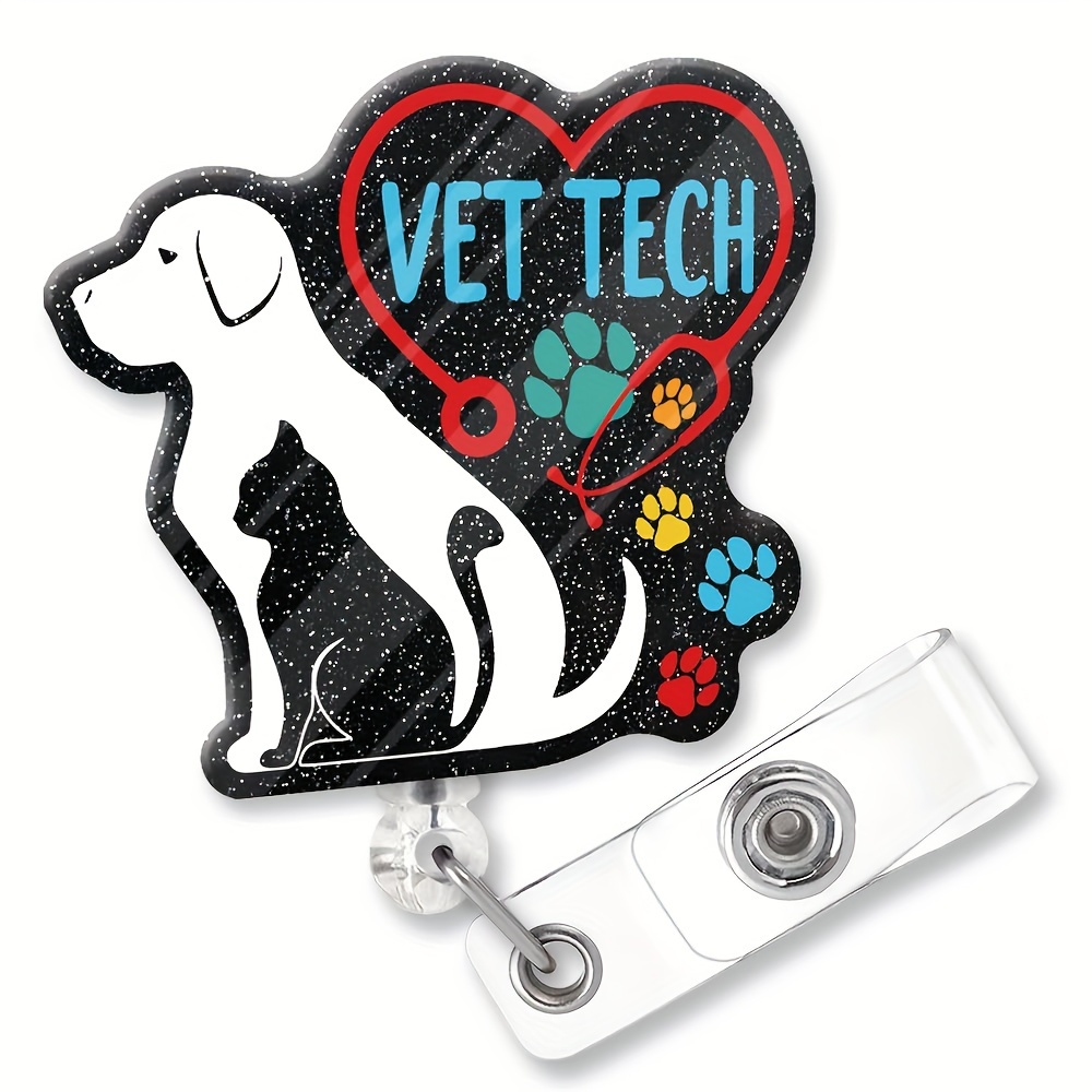 1pc Vet Tech Funny Glitter Badge Reel Retractable With Metal Shark Clip,  Cute Badge Holder For Veterinary, Birthday Graduation Gift For Doctor Nurse  V