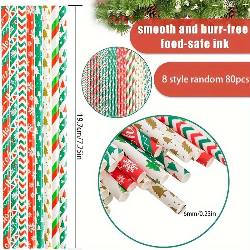 25PCS Christmas Paper Straws 8 Styles Striped Christmas Tree