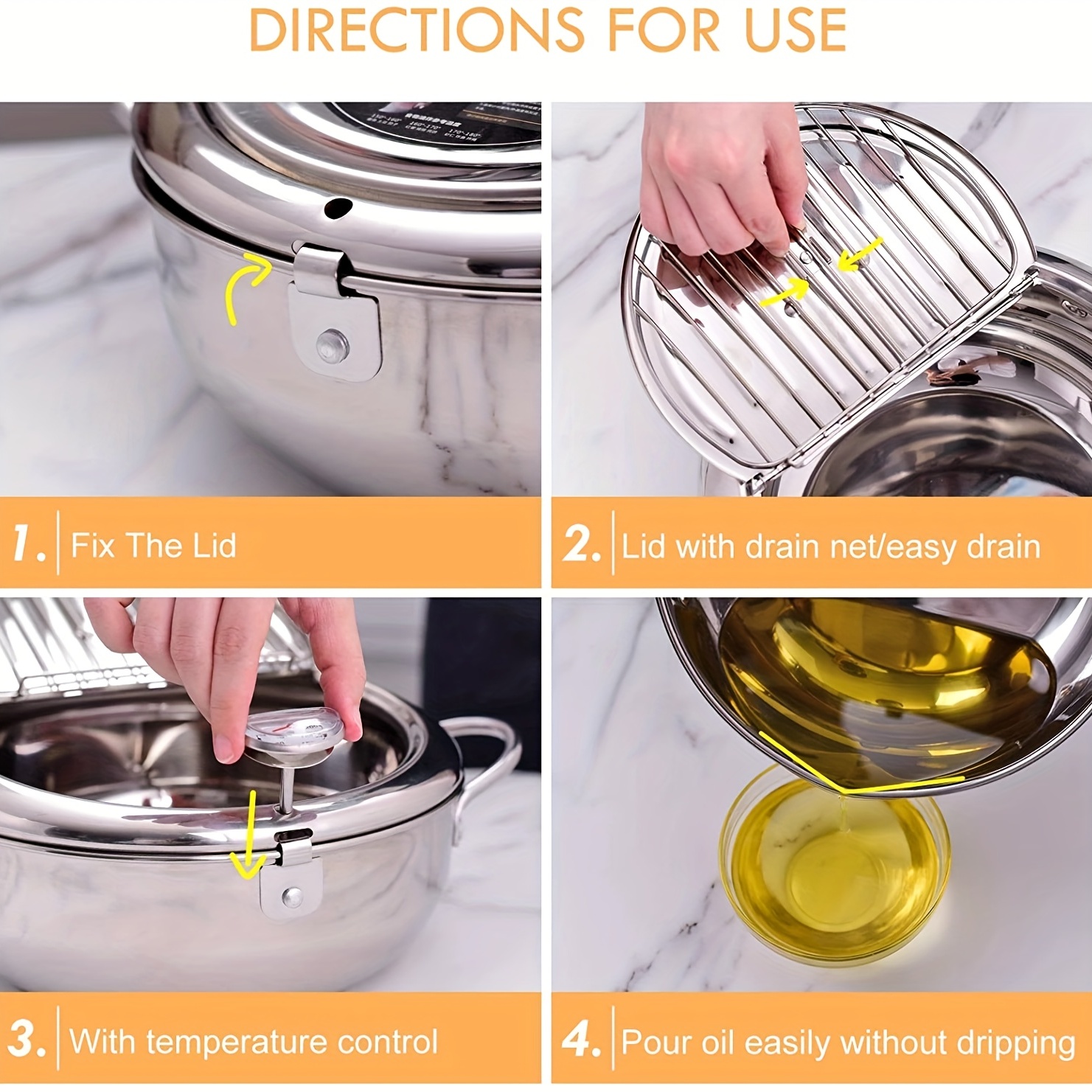 Stainless Steel Fryer Pot Deep Frying Pot with Glass Lid Frying Basket  Stainless Steel Kitchen Tempura Fryer Pan Non-Stick pan (Color : Orange,  Size 