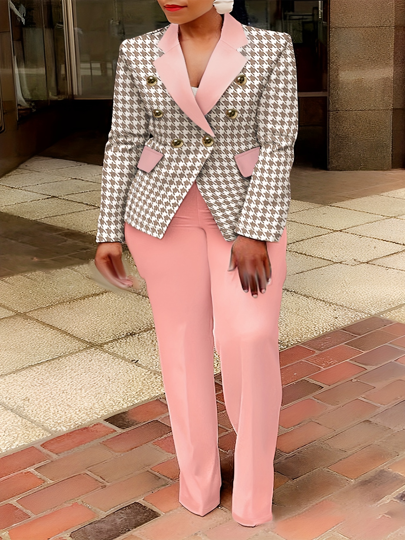 Women's Casual Suit Set, Plus Size Colorblock Houndstooth Print Button  Lapel Collar Long Sleeve * & Solid Pants Suit 2 Piece Set