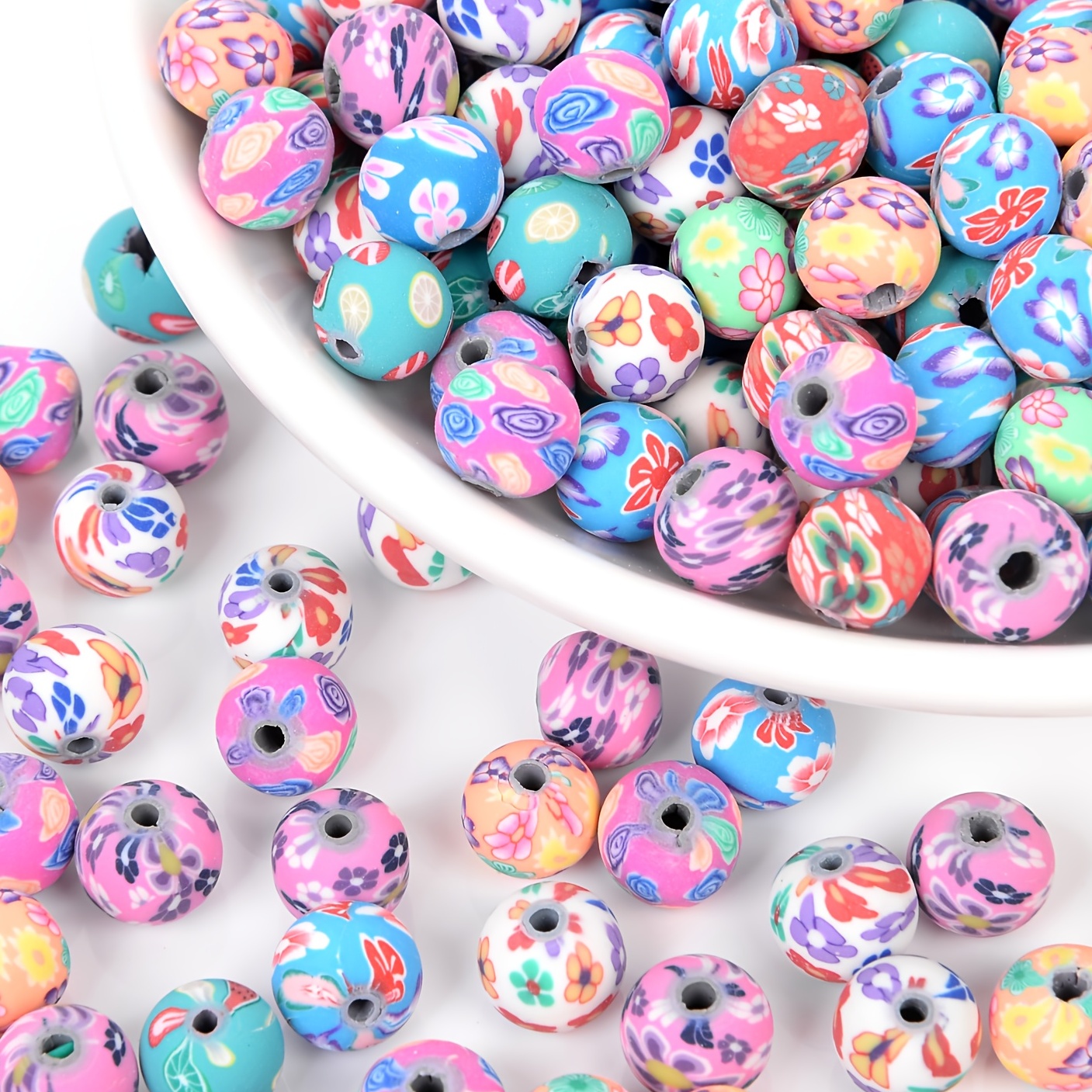 Handmade Polymer Clay Beads, Round with Floral Pattern, Mixed