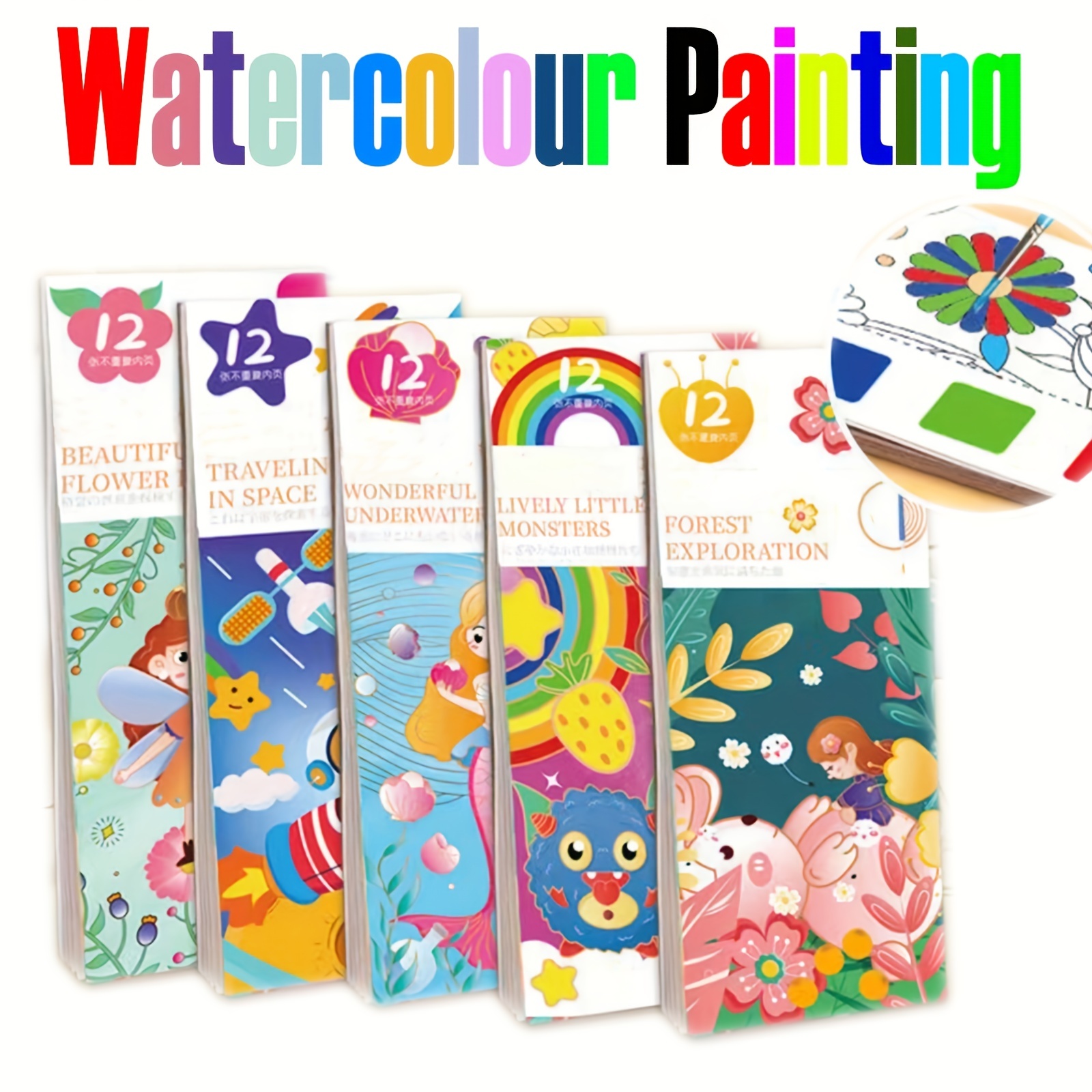 Watercolor Coloring Books for Kids Ages 4-8 Pocket Watercolor Painting Book  with Brush for Toddler Mini Paint with Water Books Small Travel Watercolor