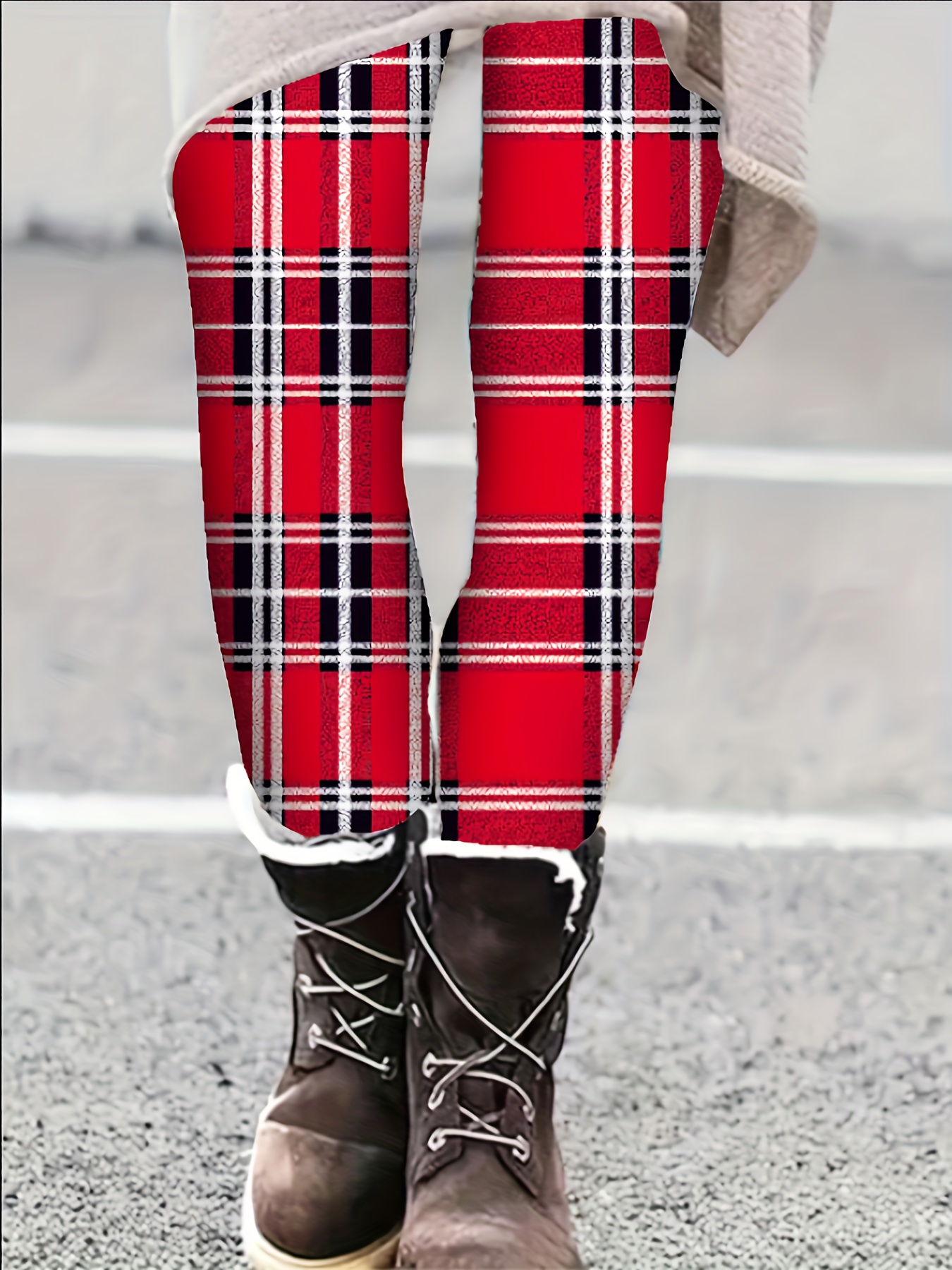 Women's Casual Leggings Plus Size Plaid Print Elastic High - Temu