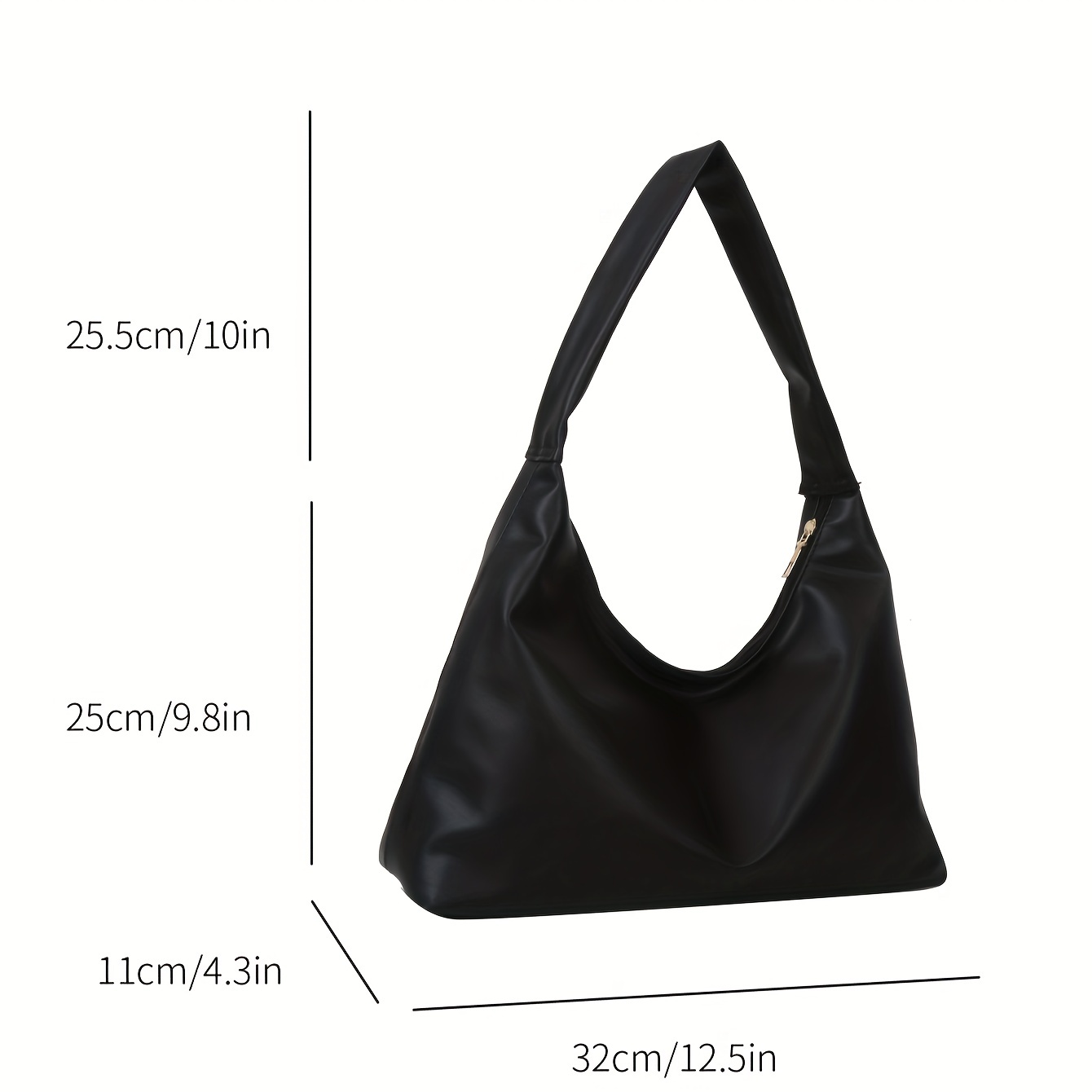 Large Hobo Bag Minimalist Black Zipper PU