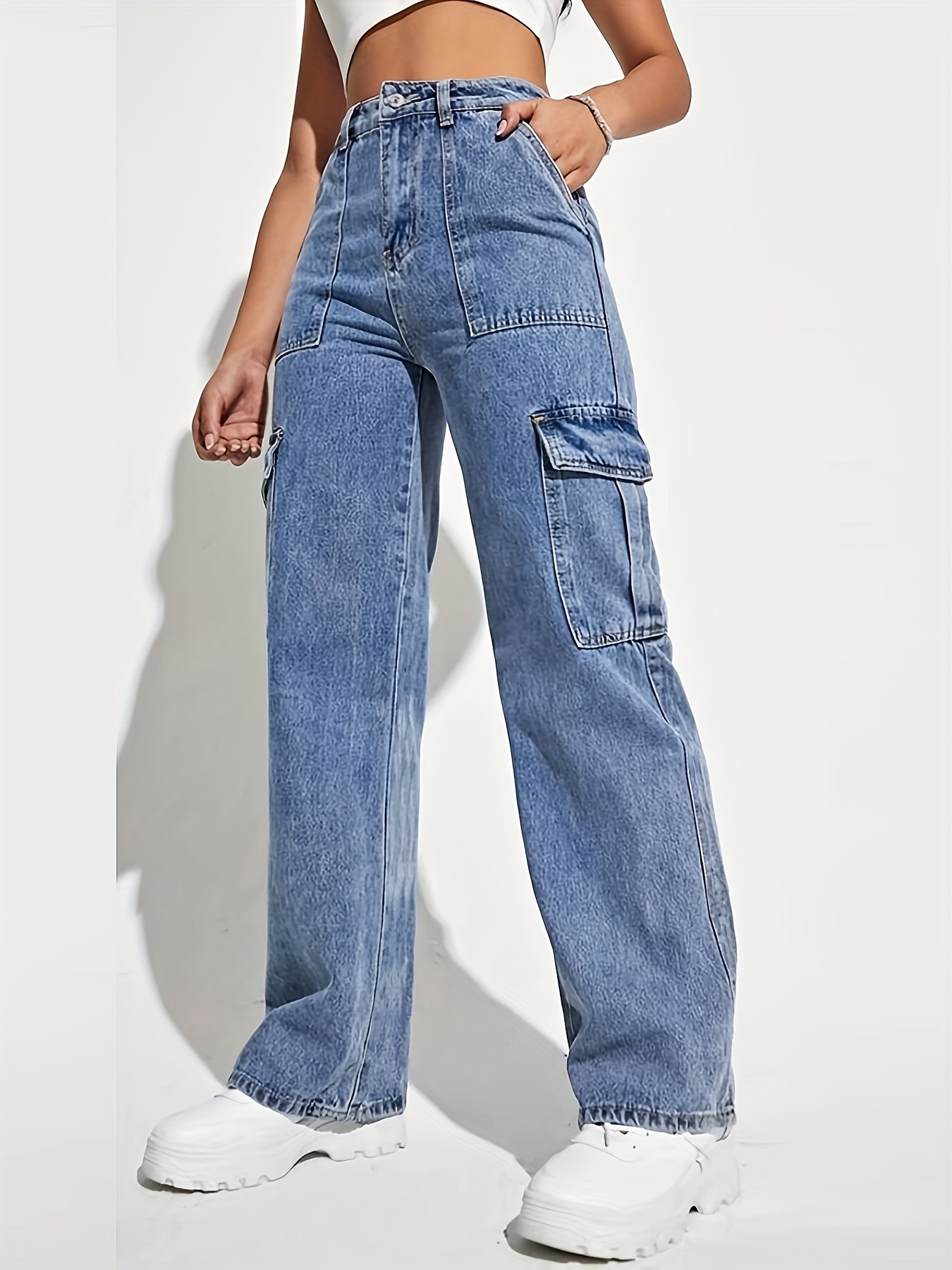 Brown Flap Pockets Cargo Pants, Straight Legs Loose Fit Non-Stretch Denim  Pants, Y2K & Kpop Style, Women's Denim Jeans & Clothing