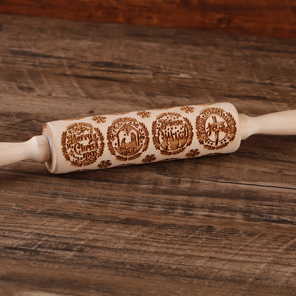 Wooden Embossed Rolling Pin With Christmas Round Seal Deep - Temu