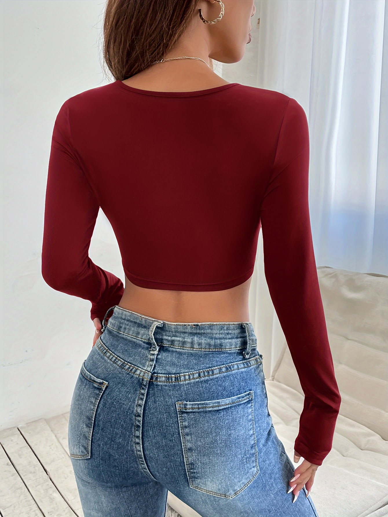 Solid Deep V-neck Crop Top, Versatile Long Sleeve Cross Front T-shirt For  Spring & Fall, Women's Clothing