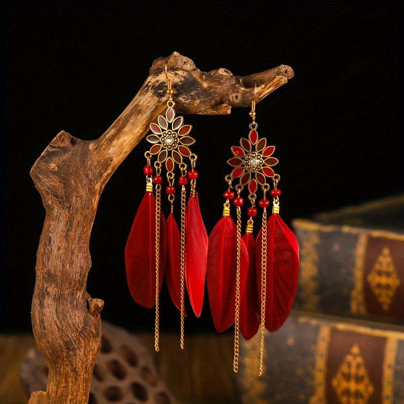 Tnobhg 1 Pair Women Hook Earring Beaded Feather Decor Retro Bohemian Ethnic Style Tassel Waterdrop Pendant Vacation Beach Hanging Earring Ear Jewelry