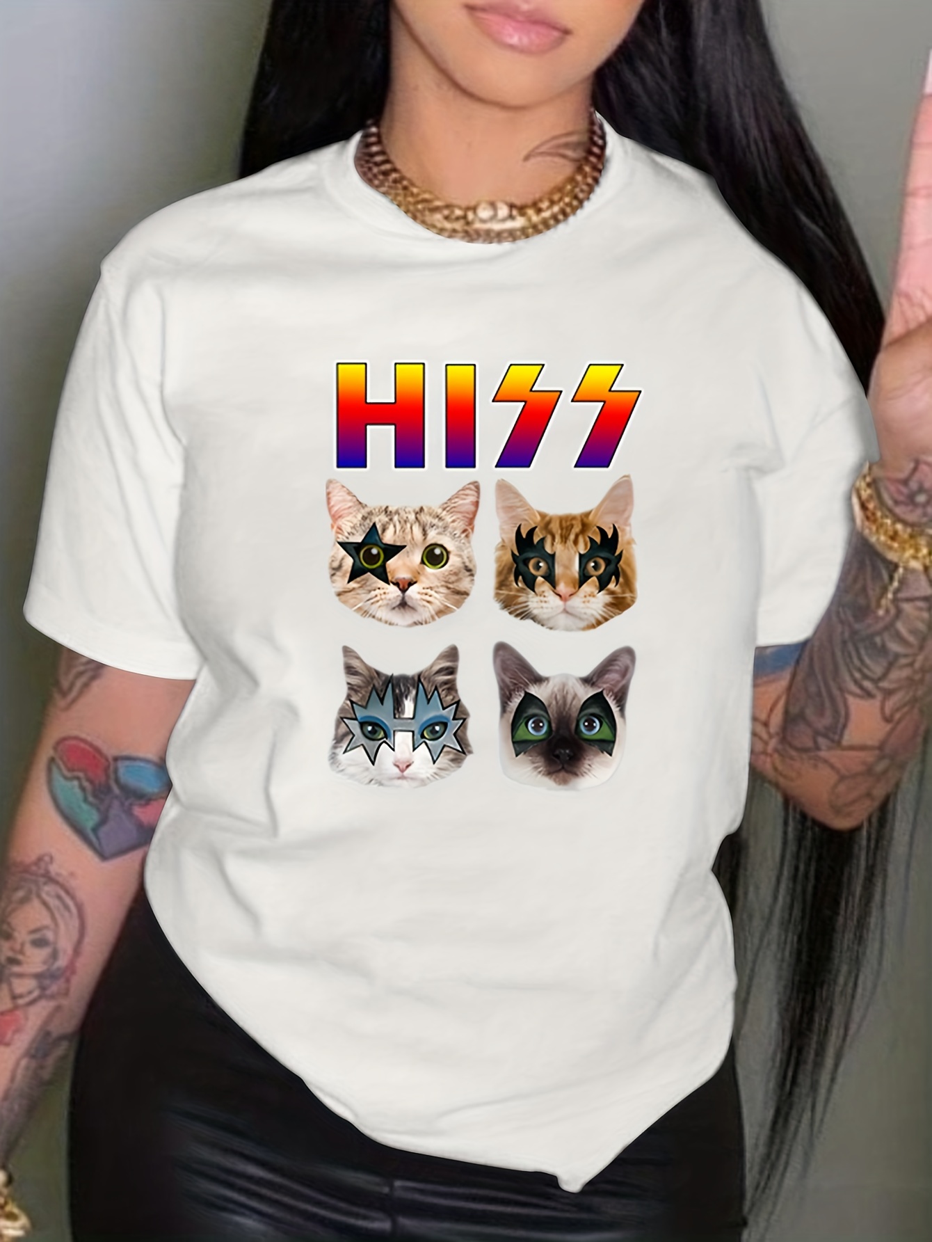 T shirt a col rond imprime Cool Cat haut decontracte a manches courtes tombantes vetements pour femmes