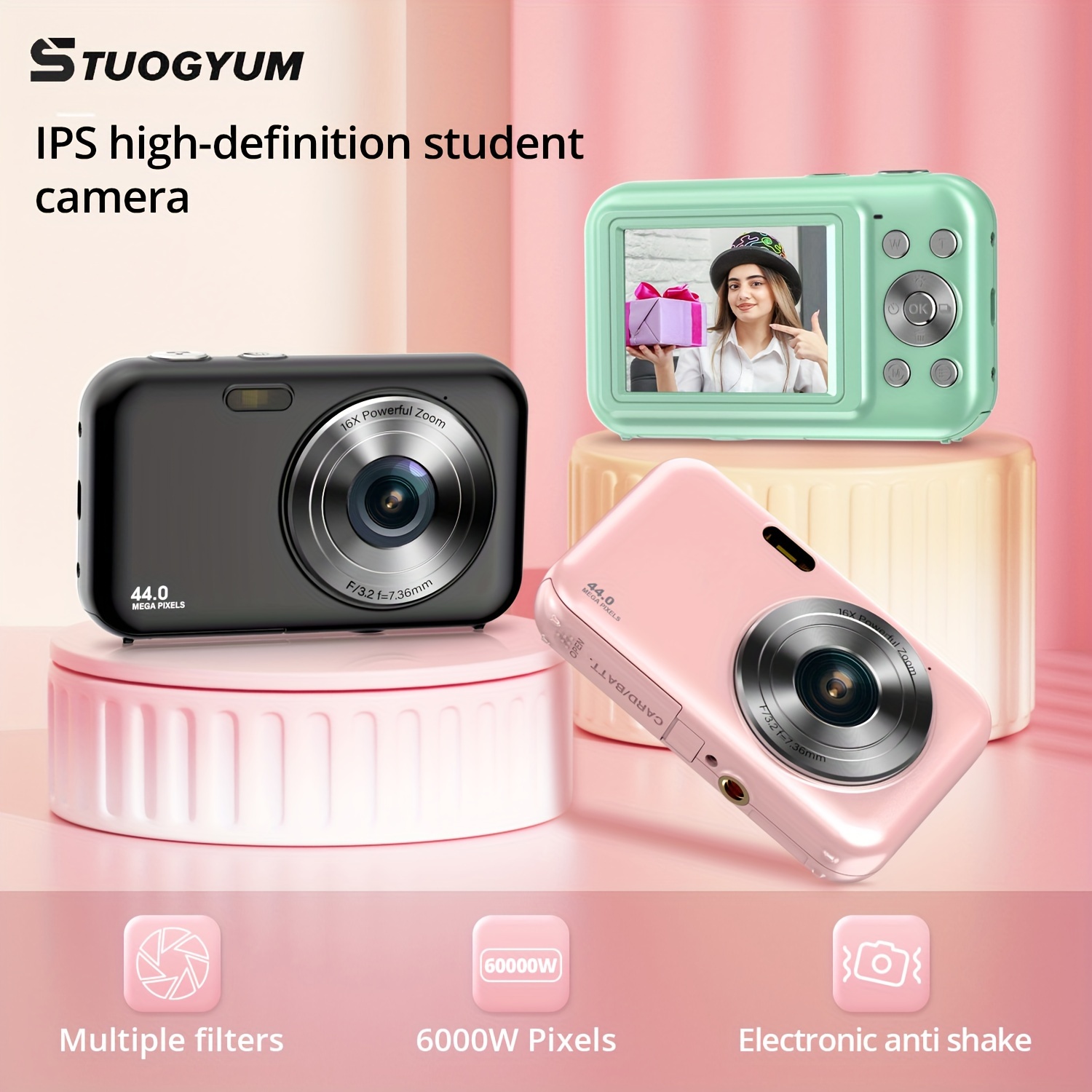  Cámara digital de 44 megapíxeles, cámara pequeña de 2.7 K,  cámara de vlogging, cámara portátil con zoom digital de 16X, cámara para  niños con 2 baterías para estudiantes, adolescentes (rosa) : Electrónica