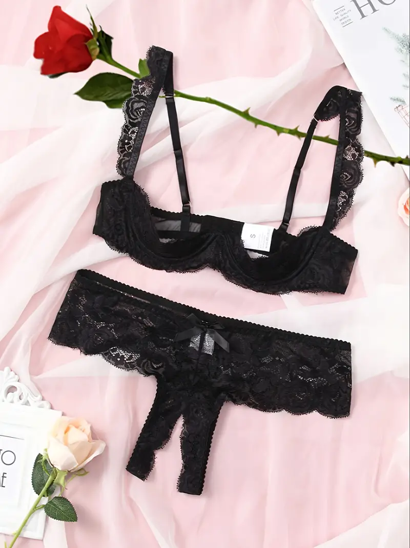 Sexy Floral Lace Lingerie Set Open Bust Bra Crotchless - Temu United Arab  Emirates