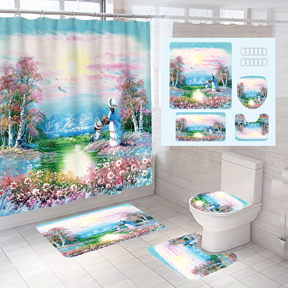 4pcs Landscape Print Shower Curtain Set, Bathroom Rug, U-Shape Mat, Toilet  Lid Pad, Waterproof Curtain Including 12 Hooks, 70.8x70.8/180x180cm, Aesth