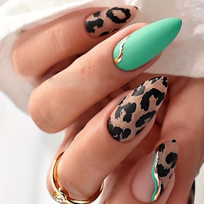 Glossy Black Leopard Pattern Press Nails Long Length Coffin - Temu