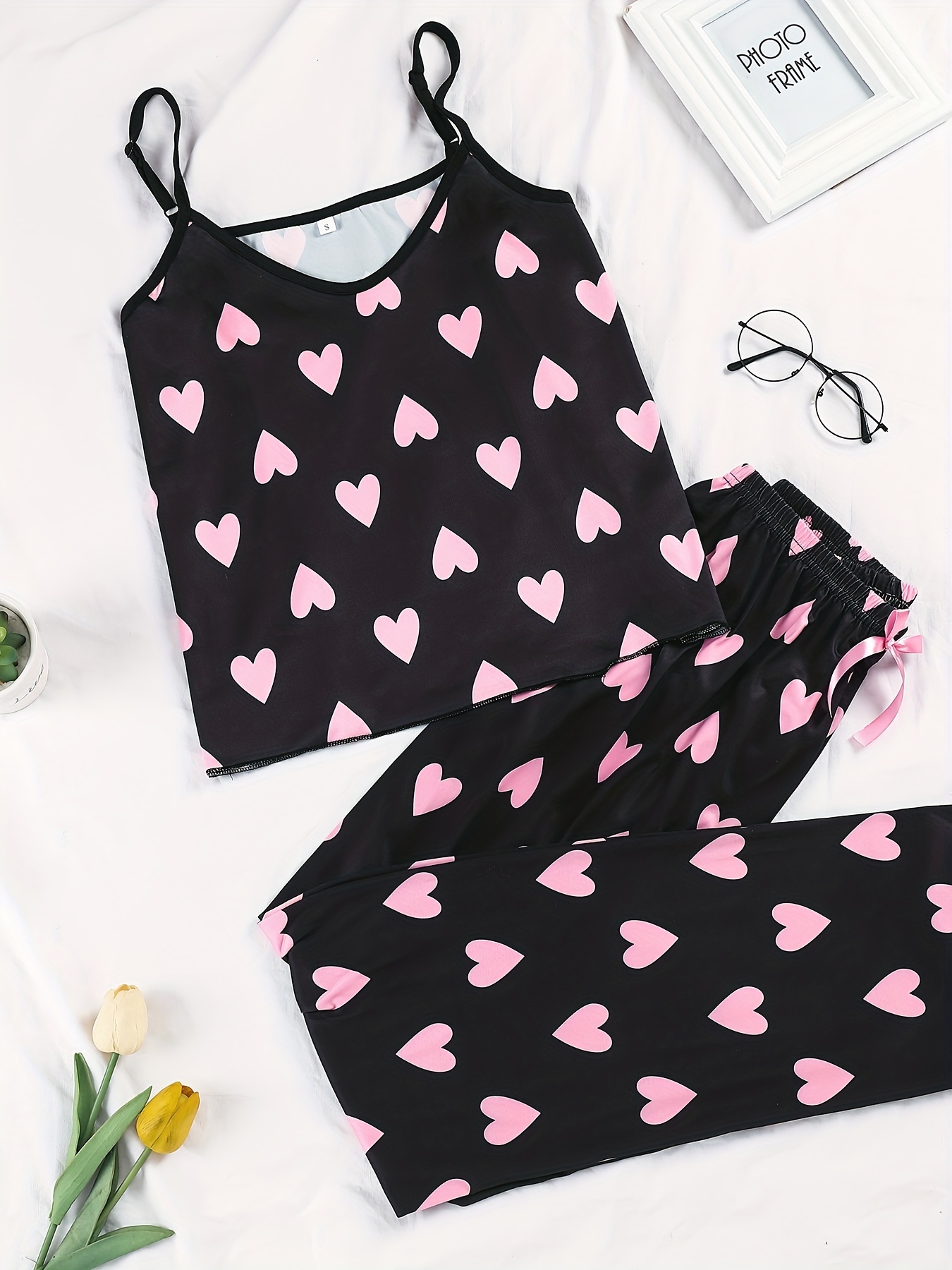 Heart Print Pajama Set, Cute Cami Crop Top & Lettuce Trim Shorts, Women's  Sleepwear & Loungewear