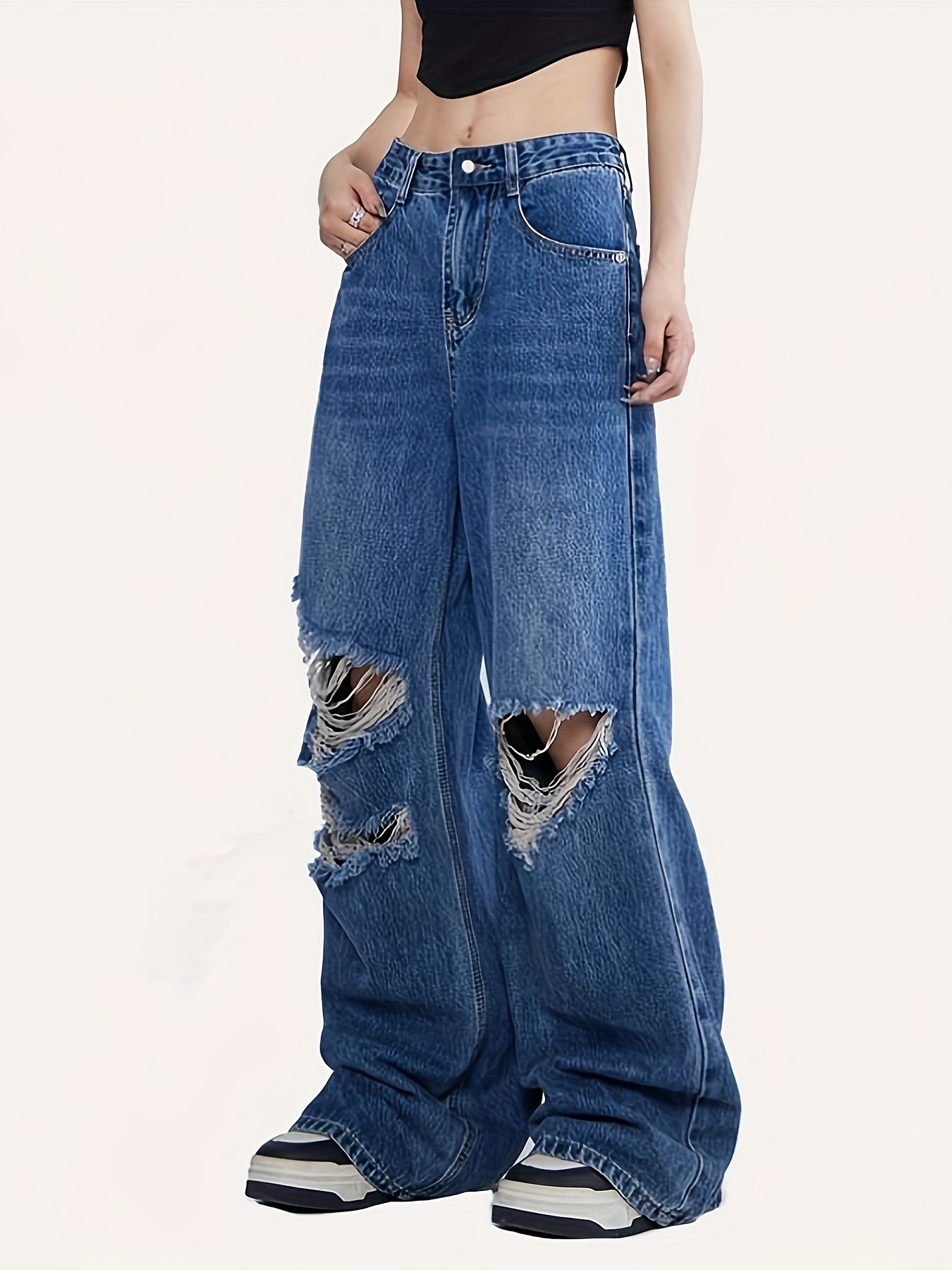 Ripped Holes Casual Baggy Jeans, Loose Fit Slant Pockets Wide Legs Jeans,  Women's Denim Jeans & Clothing