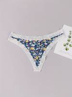Plus Size Elegant Thong, Women's Plus Ditsy Floral Print Contrast Lace Medium Stretch Thong