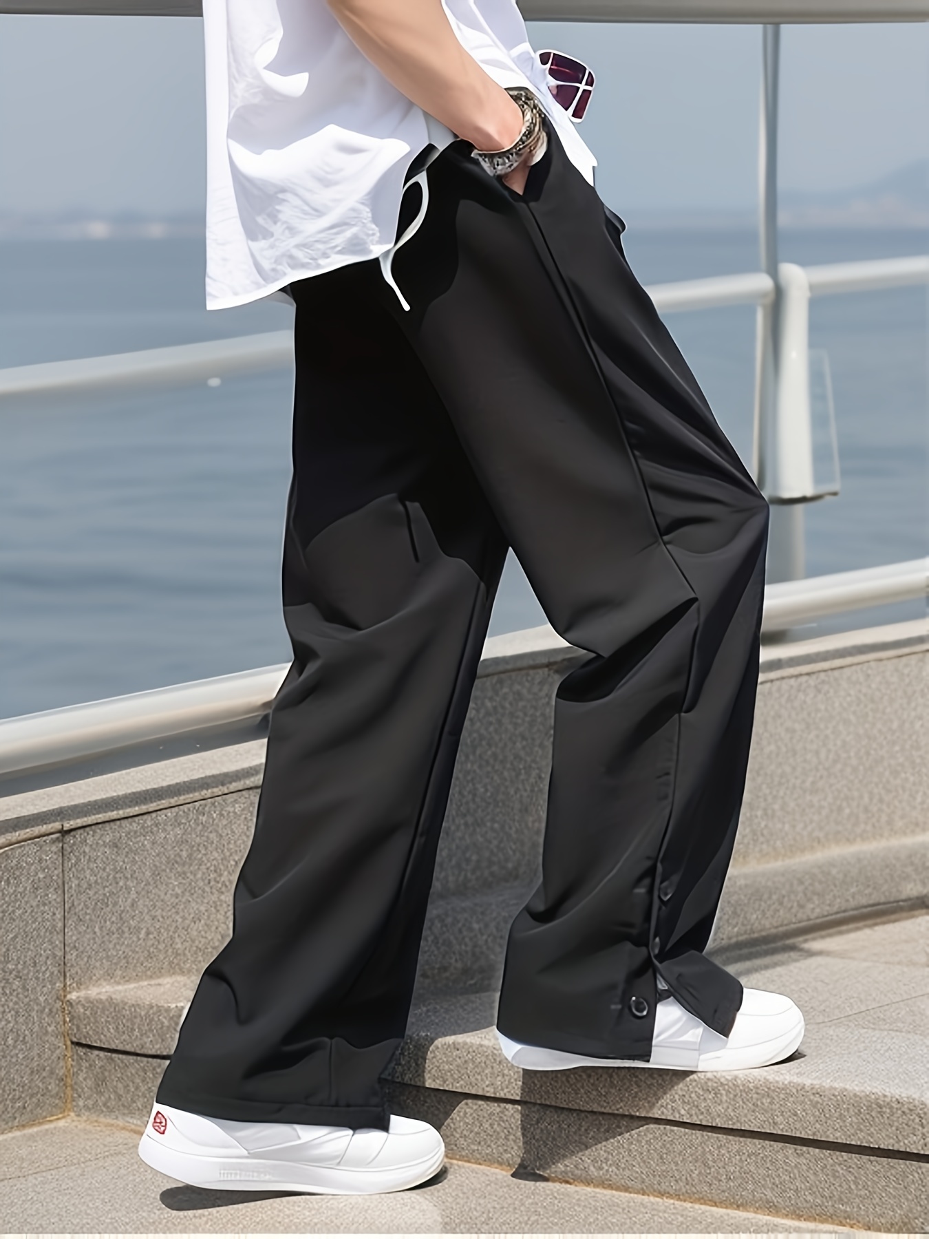 Chic Loose Fit Mopping Trousers Men's Casual Solid Color - Temu