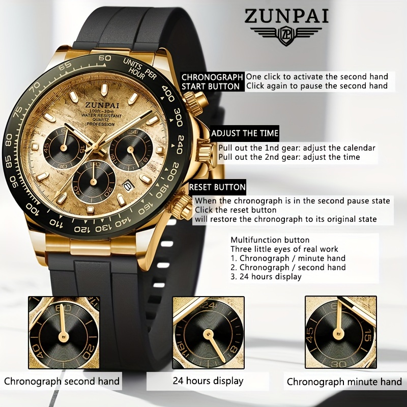 Zunpai Men's Watch Waterproof Stainless Steel Silvery/golden - Temu
