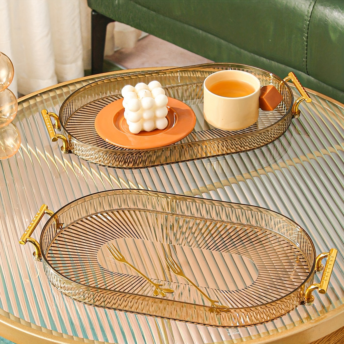 Bandeja de mesa auxiliar elegante bandeja decorativa para servir y plato,  marco dorado rectangular con asa y espejo de cristal, bandeja de  aperitivos