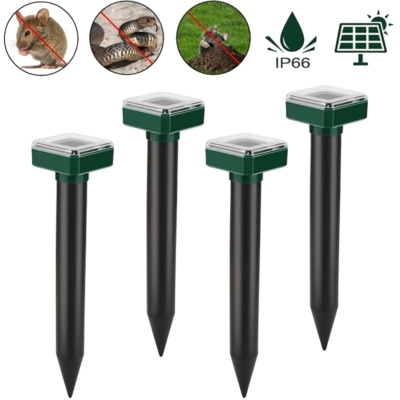 1 4pcs Solar Mole Repellent Stakes Solar Powered Sonic Gopher Deterrent Spikes Waterproof Solar Rodent Voles Gopher Chipmunk Repellent For Lawn Garden Farm Outdoor Use