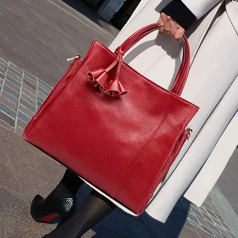 Luxury Leather Handbag For Women, Stylish Solid Color Tote Bag, Satchel  Purse With Flower Pendant