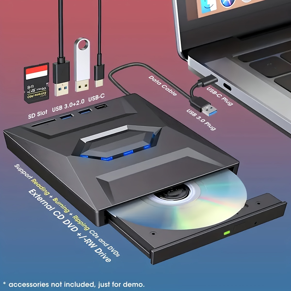 Lecteur graveur CD/DVD externe noir USB 3.0 Type C pour ordinateur portable  PC
