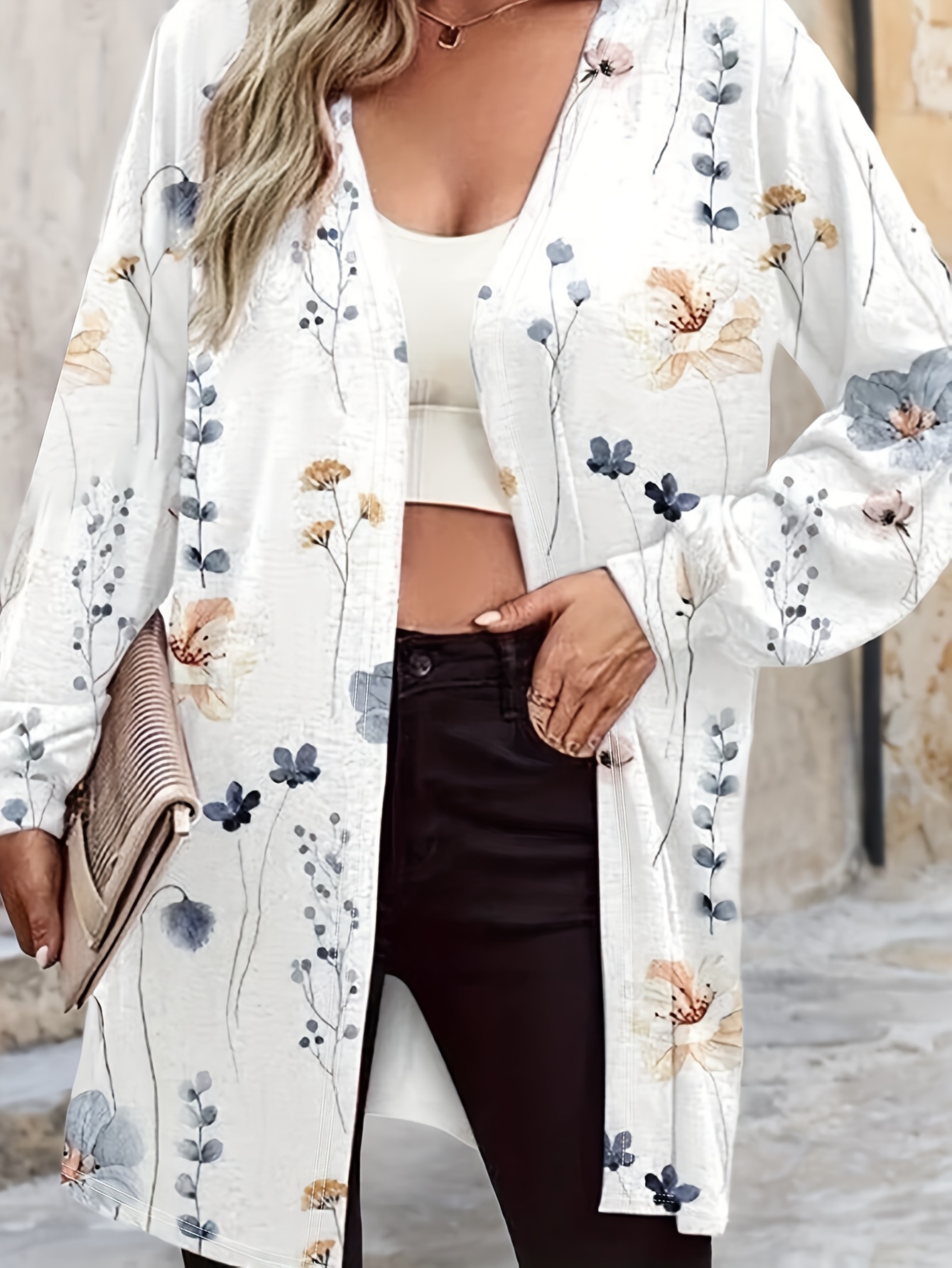 Floral Print Open Front Tunics Elegant Long Sleeve Outwear - Temu Canada
