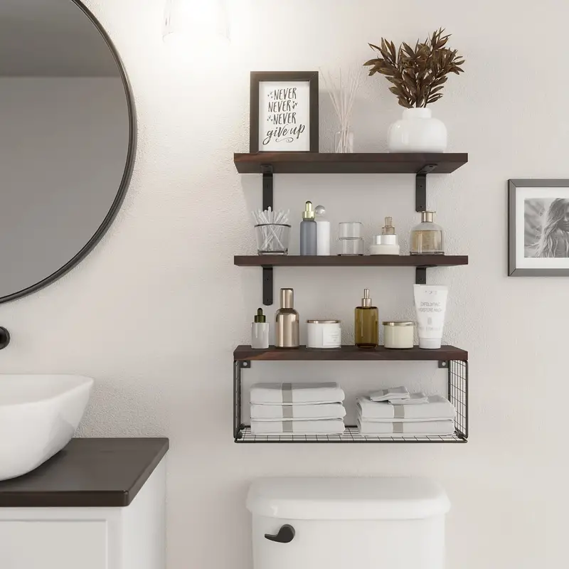Toilet Wall-mounted Storage Rack With A Metal Wire Basket Wooden