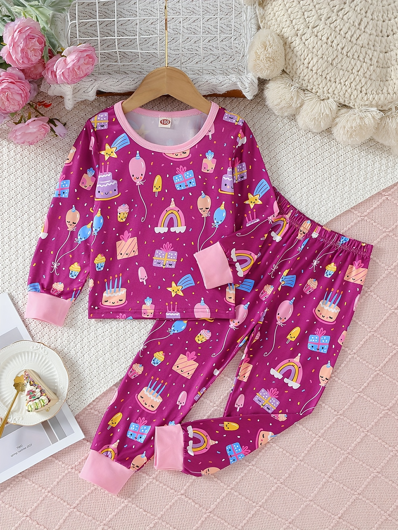 Women's Autumn Cute Cartoon Cat Polka Dot Long Sleeve Pajama Set Cotton Top  Long Pants Sleepwear