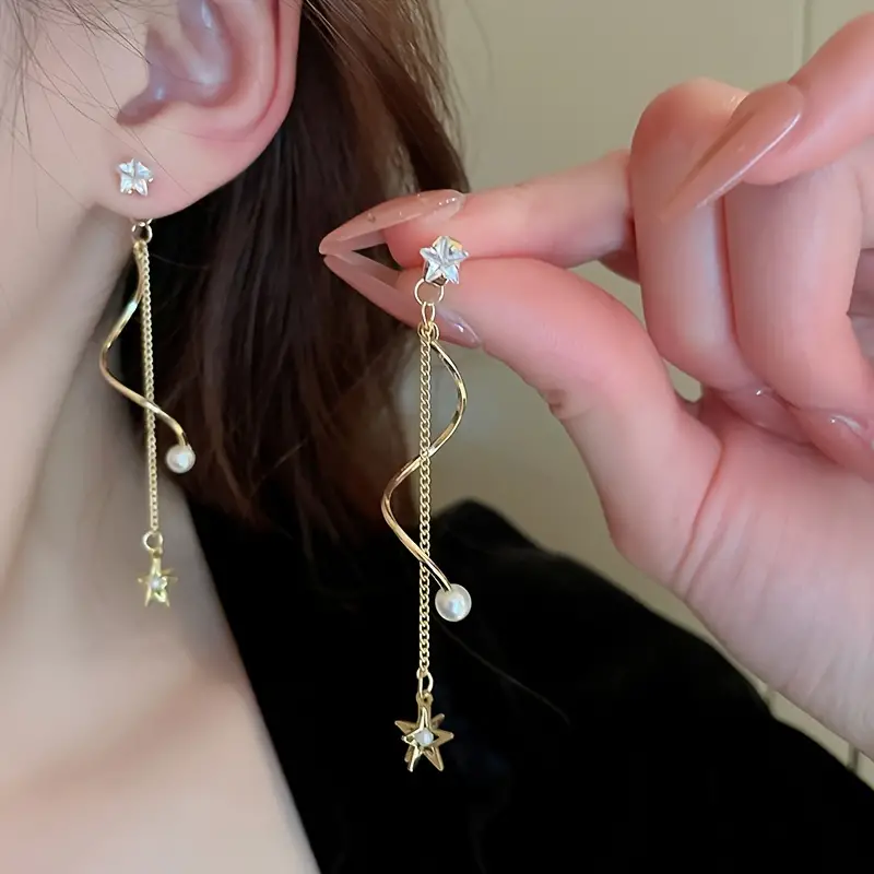 womens zircon faux pearl star tassel earrings jewelry gift details 1