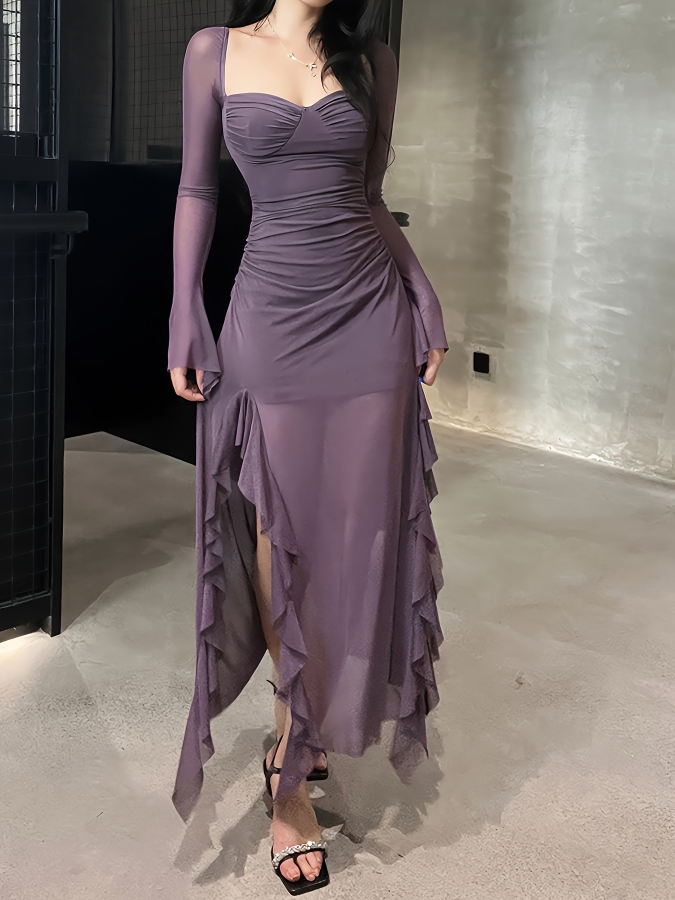 Women's One Shoulder Split Bodycon Solid Color Maxi Dress Sexy Elegant  Sleeveless Party Long Formal Dresses(Purple,S) 