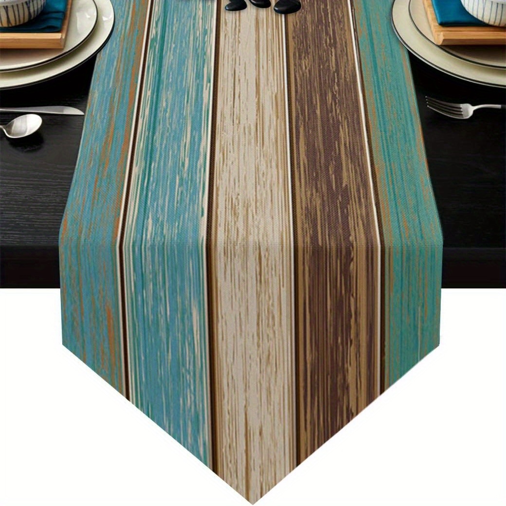 TEMU 1pc , Rustic Wood Grain Striped Table Runner, Style Decorative Runner, Retro Distressed Plank Print Tabletop Accent For Dining Room, Kitchen,