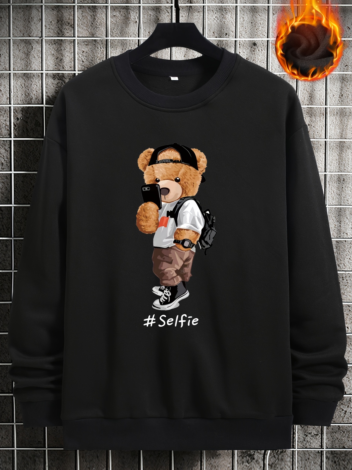 Men's Cartoon Bear Selfie Print Casual Round Neck Pullover Sweatshirt