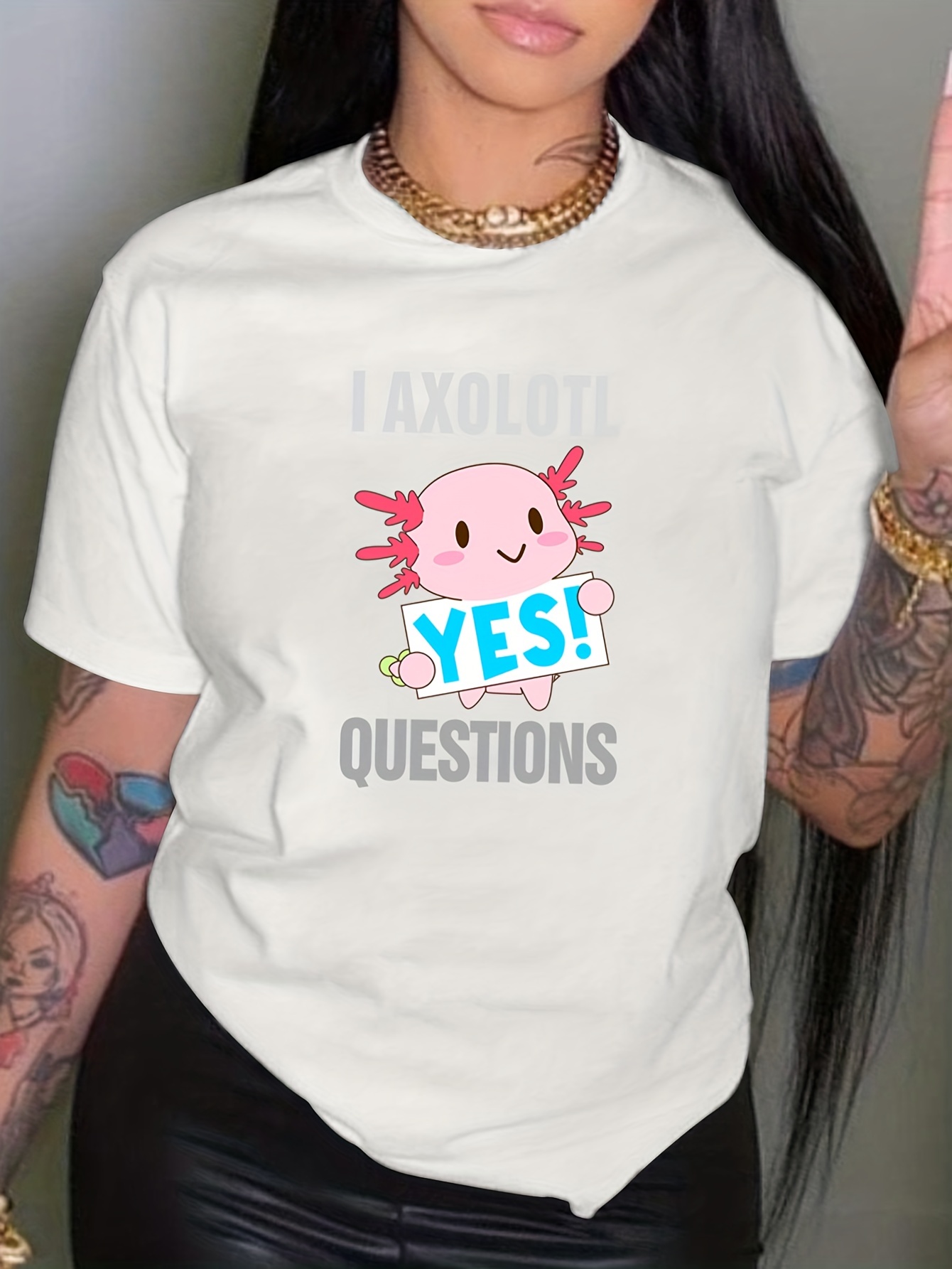 Camiseta de gola redonda com estampa de desenho animado Axolotl