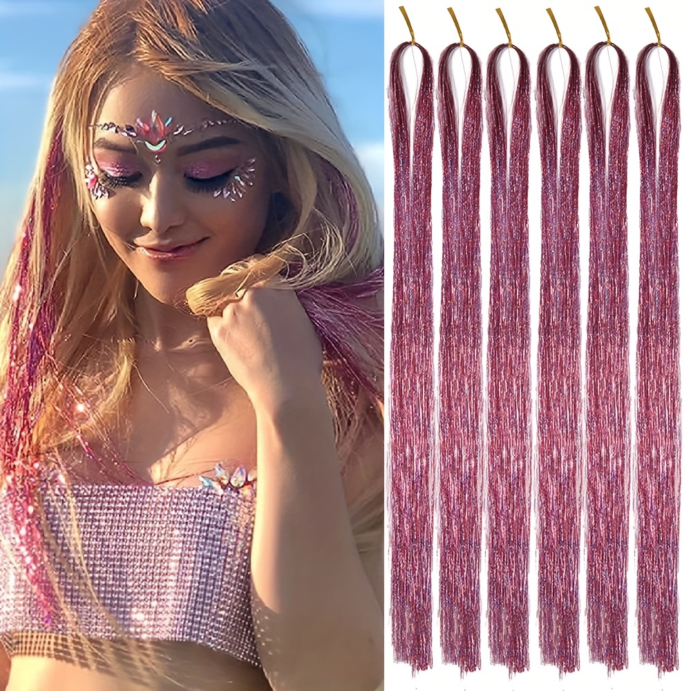 Silver Hair Tinsel Kit With Tool Hair Tinsel Heat Resistant Fairy Hair  Glitter Hair Extensions 6Pcs 1200Strands Sparkling Shiny Hair Tinsel Tensile  Hair Extensions for Women Girls (Silver)