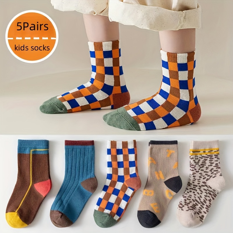 5 Pairs Of Boy's Trendy Checkered Pattern Crew Socks, Breathable Cotton  Blend Comfy Casual Style Unisex Socks For Kids Outdoor All Seasons Outdoor  Wea