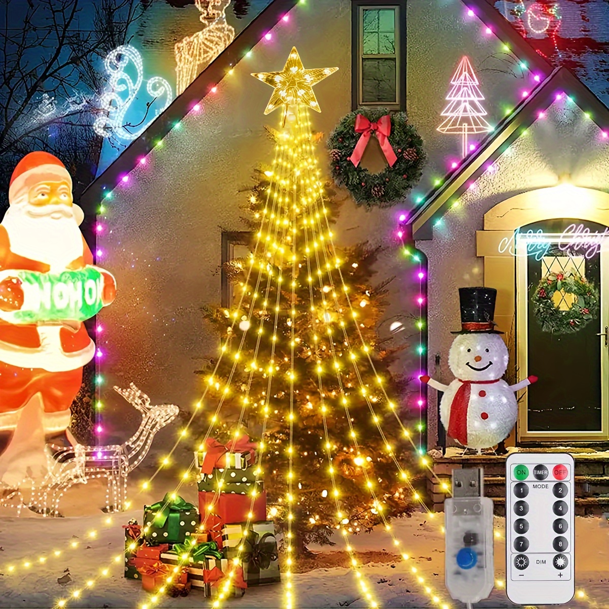 Decoration Noel d'extérieur, Guirlande Lumineuse Exterieure Blanc Chaud et  RGB, Decoration Noel Exterieur avec Télécommande et Application, 8 Modes+4