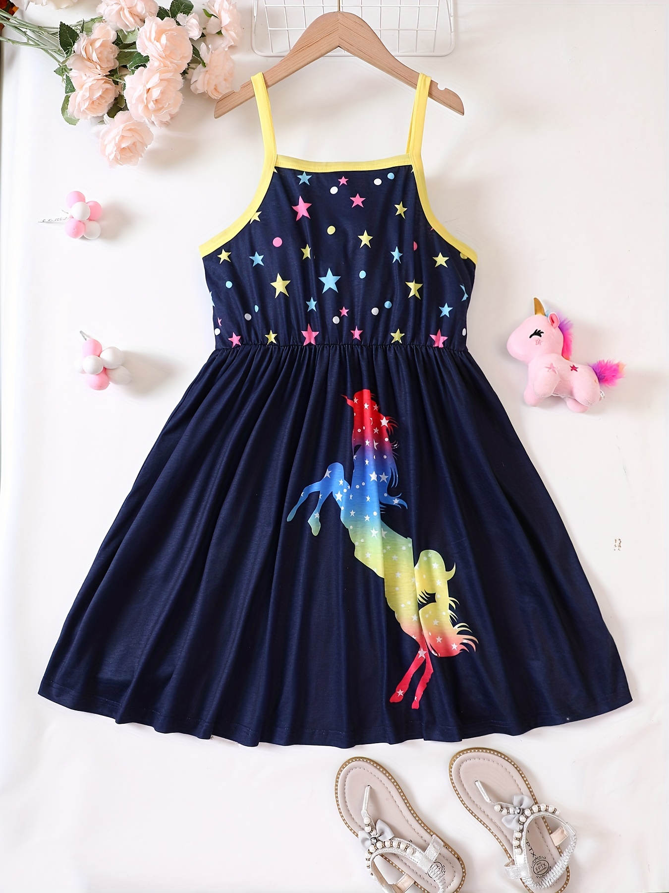 Girls Stars Unicorn Rainbow Colored Cute Cami Dress Party - Temu