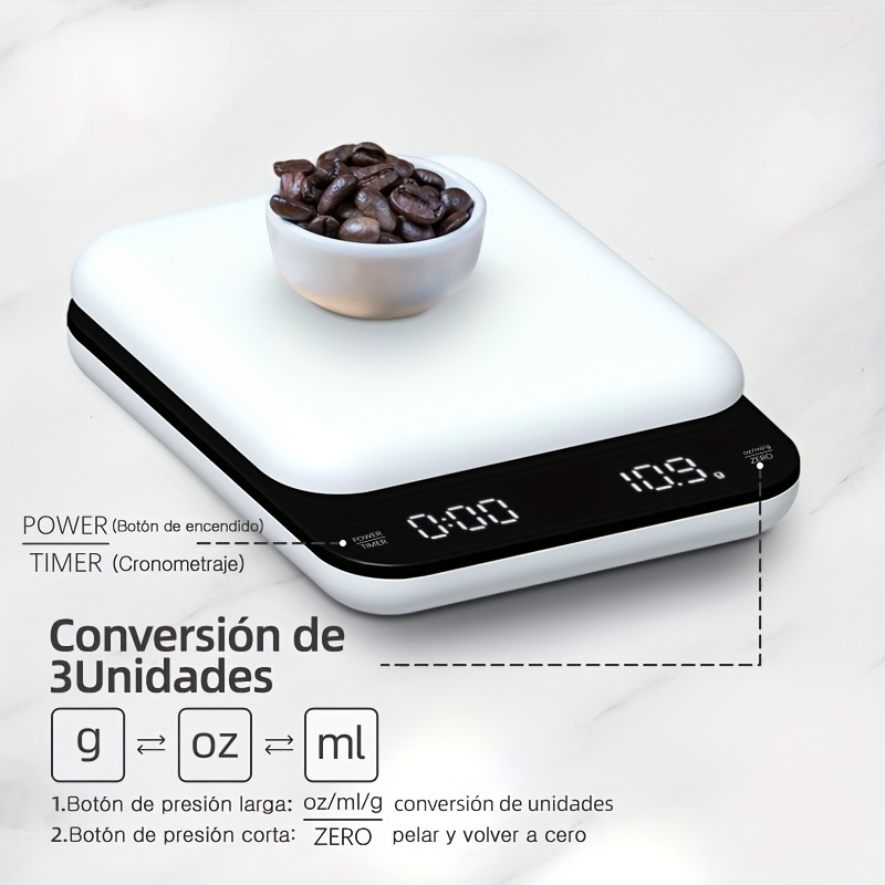 Báscula para verter sobre café, báscula electrónica portátil de 3kg/0,1g  para café por goteo, báscula con temporizador, funcionalidad de alta  precisión Jadeshay A