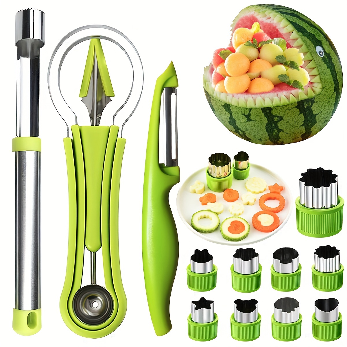 

14pcs, Fruit Carving And Melon Baller Set, Stainless Steel Vegetable & Fruit Cutting Mold Kit, Includes Crinkle Cutter, Slicer, Food Sculpting Tools, Kitchen Gadgets
