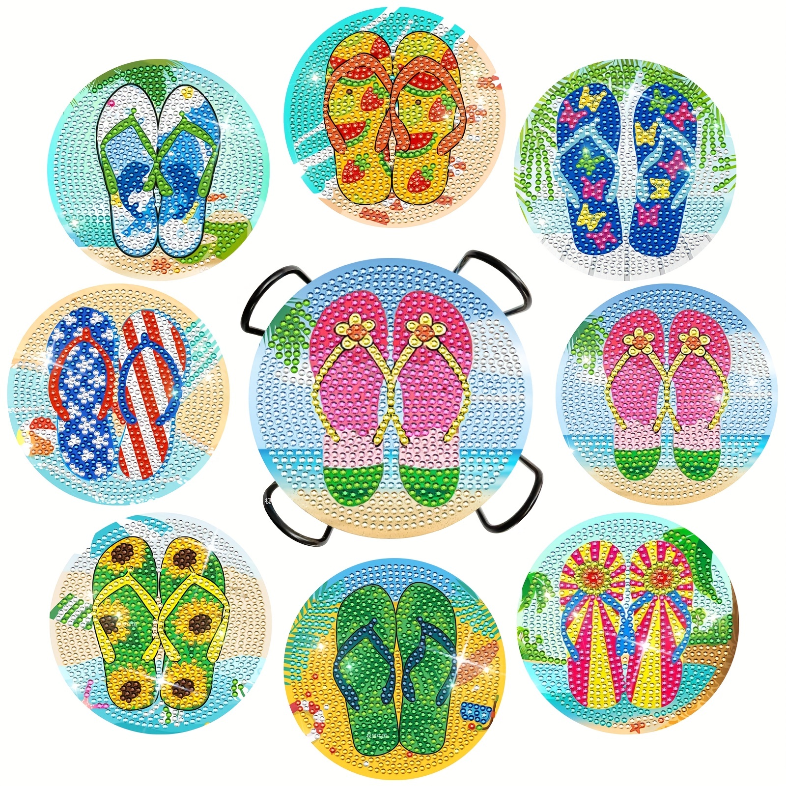 8 Pcs Diamond Painting Flip Flop Coasters Kit Diamond Art Coasters Kit with Holder for Adults, DIY Diamond Dotz Coasters for Women, Beginners, Kids