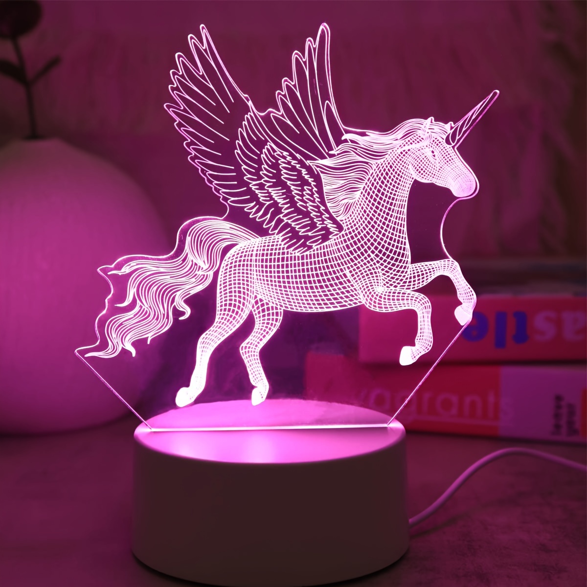 1pc ピンクユニコーンフライングホース 3D ナイトライト、寝室の部屋の
