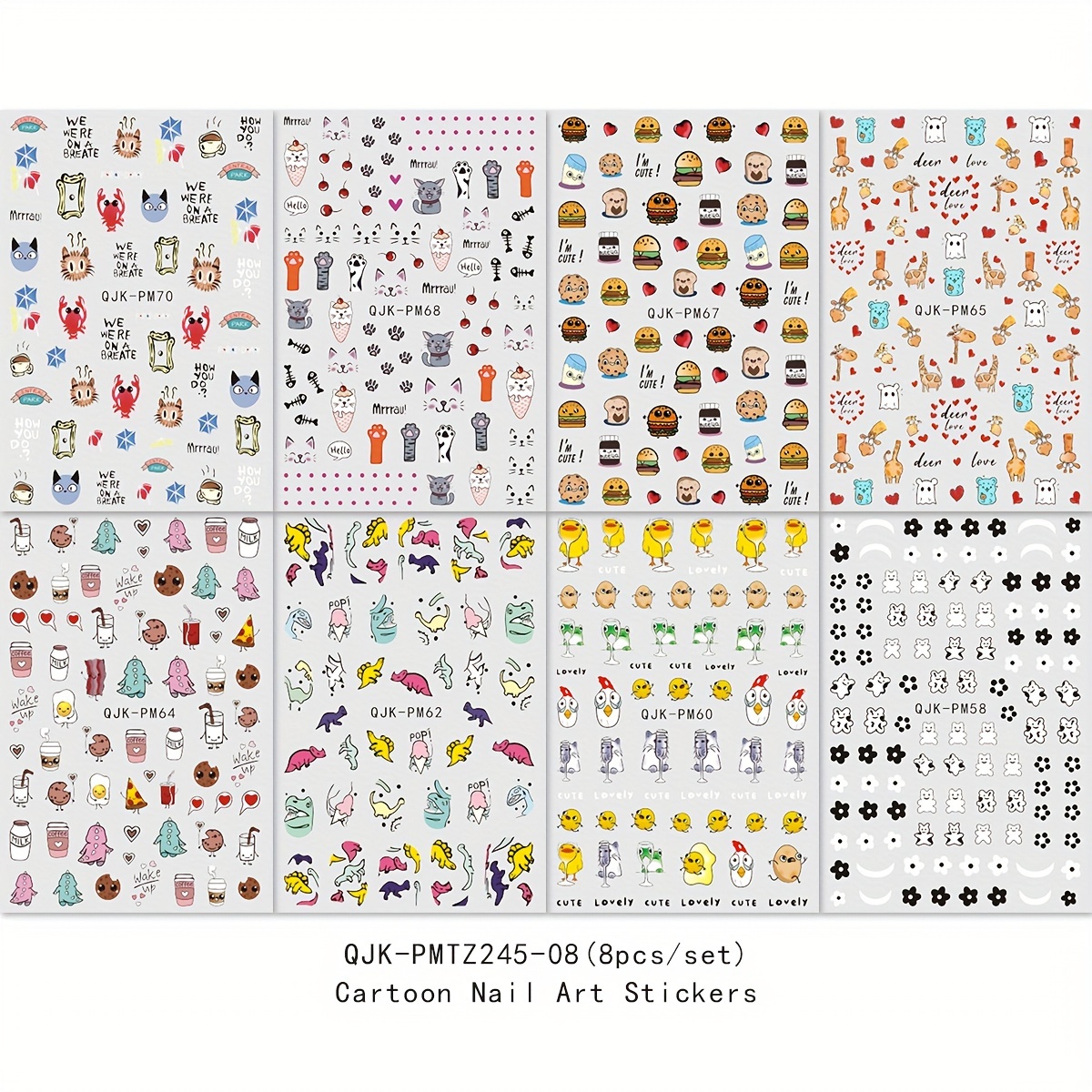 Image of 8 Sheets Cute Cartoon Nail Stickers, Cartoon Cute Animal Dessert Nail Art Sticker Decal, Cartoon Animal Print 3d Self-adhesive Nail Design For Acylic Nail, Nail Art Supplies For Women And S