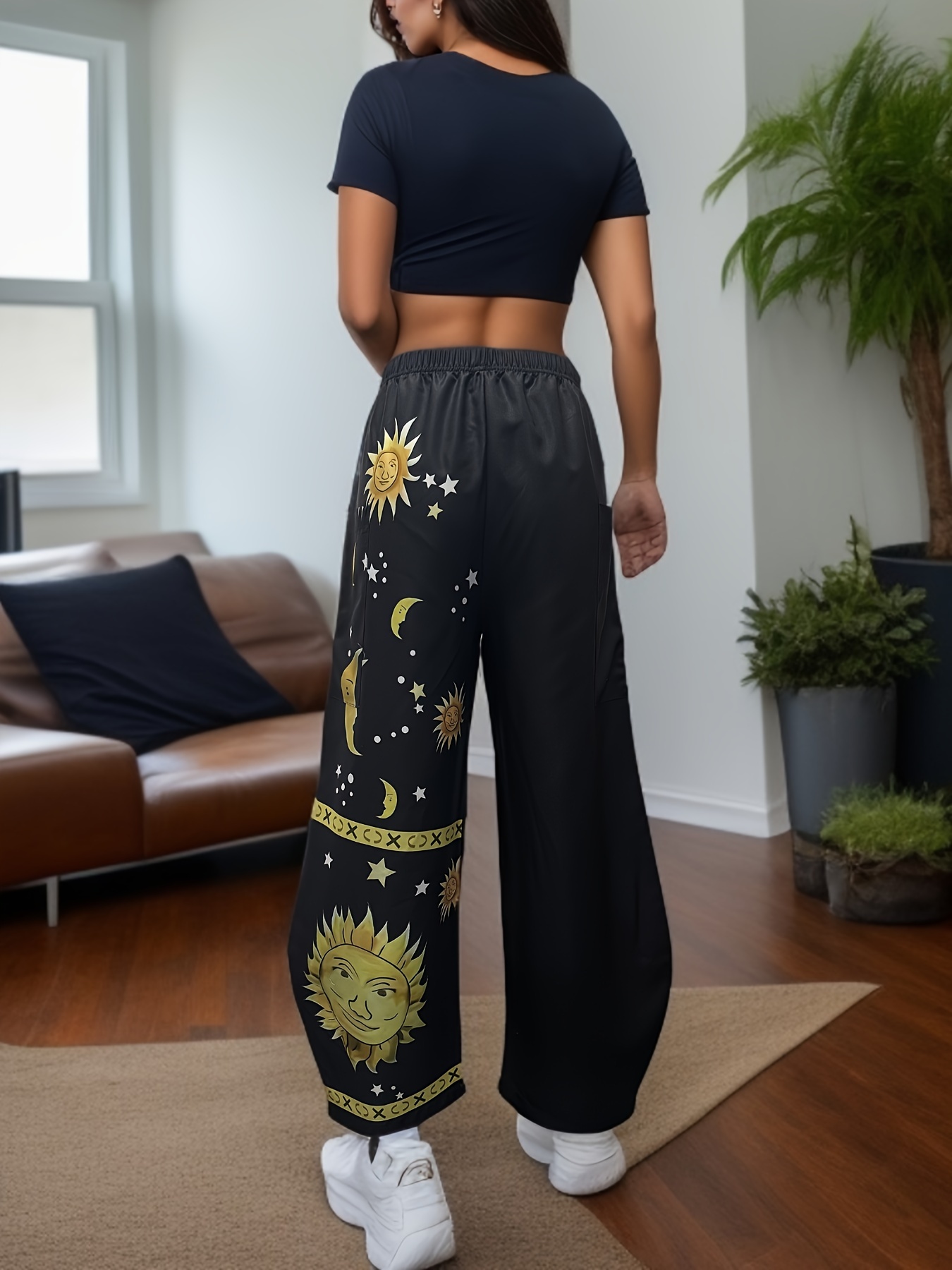 Moon & Sun Print Elastic Waist Pants, Casual Wide Leg Pants With Pockets,  Women's Clothing